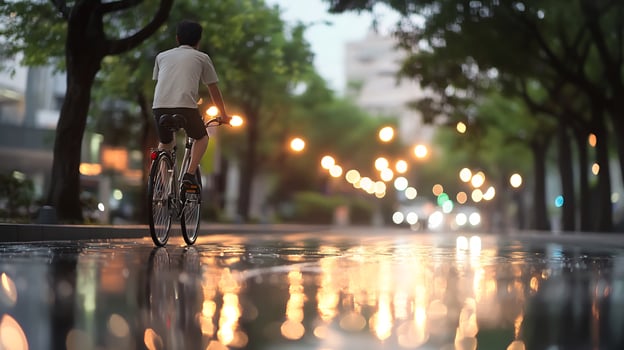 Man cycling city street rain night photo