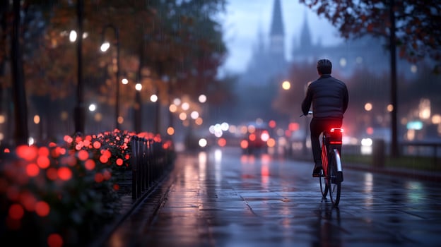 Cyclist riding at dusk, city street, autumn rain, blurred background, travel photo