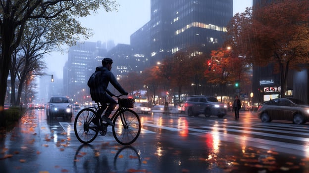 Cyclist rides through city street on rainy autumn day photo