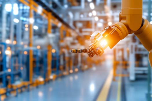 Robotic arm in factory, automated production line, industrial background, manufacturing process photo
