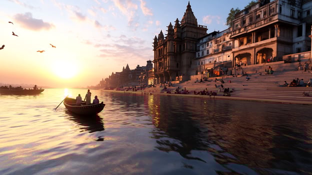Sunrise over Ganges River, Varanasi, India people on ghats photo