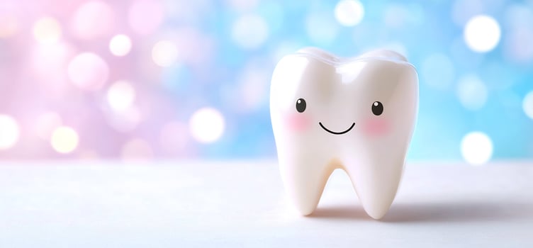 Happy tooth model on table, bokeh background, dental care photo