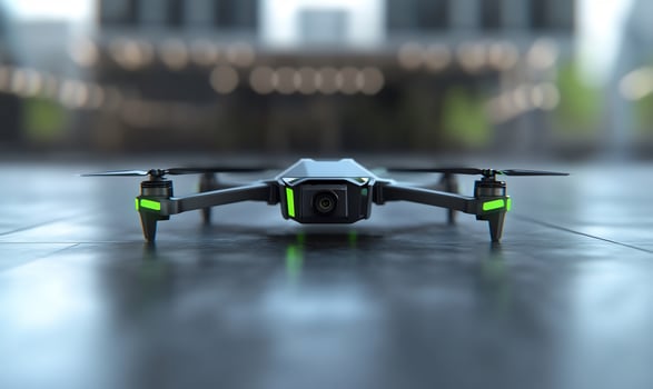 Drone on city street, ready for flight. Aerial photography photo