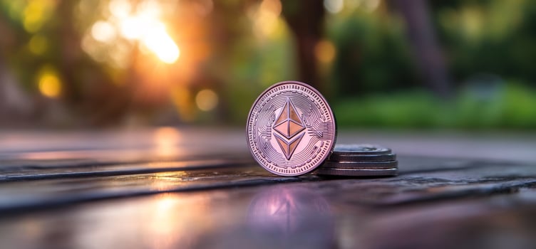 Cryptocurrency Coins on Wooden Surface with Sunlit Background photo