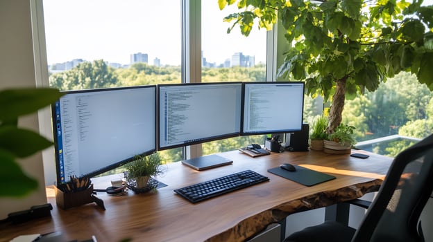 Modern programmers desk with triple monitors overlooking city photo