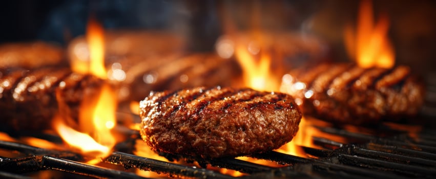 The Burger Patties Sizzling Over Open Flame On A Charcoal Grill Outdoors photo