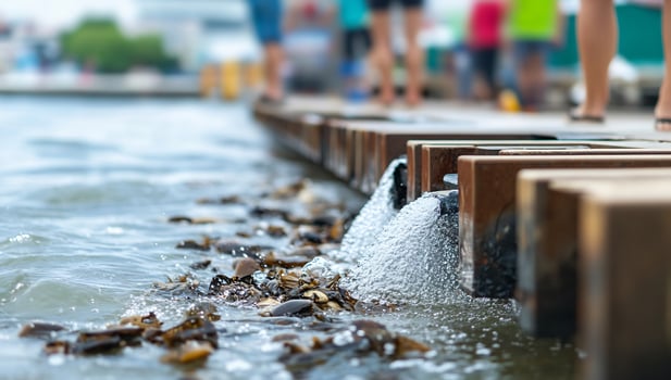 Dock water flowing, people walking, harbor background. Website banner photo