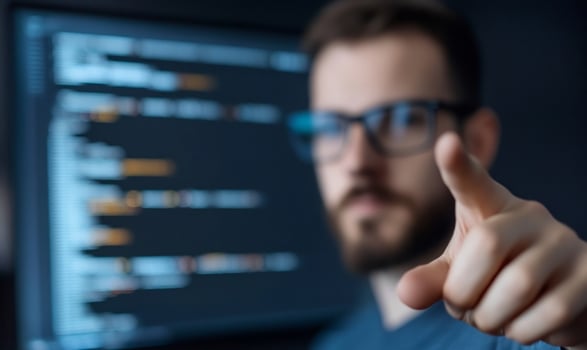 Programmer pointing, code screen, office, focus photo