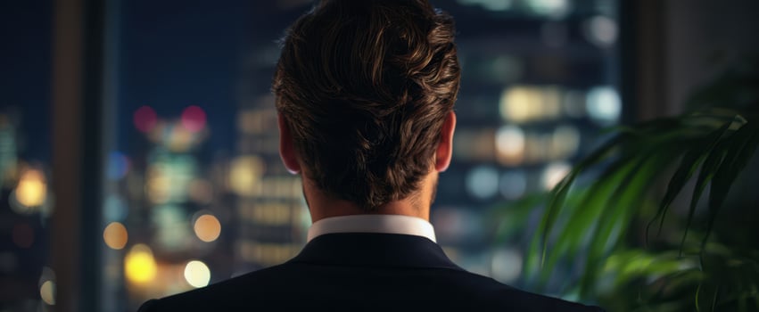 The businessman gazes out at a nighttime city skyline from a sleek office photo