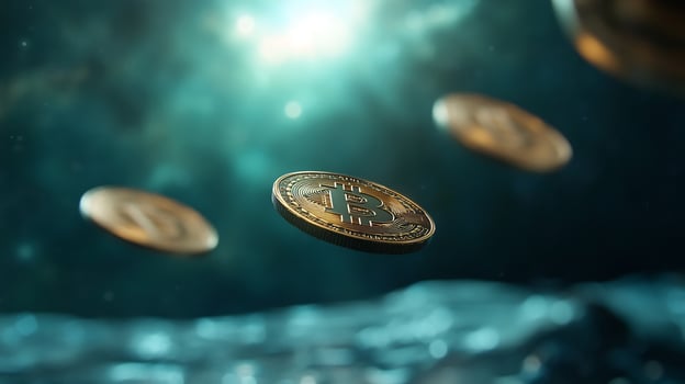 Bitcoin coins falling, digital currency, futuristic background, finance concept photo