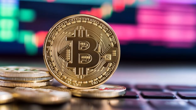 Bitcoin on laptop, crypto market graph photo
