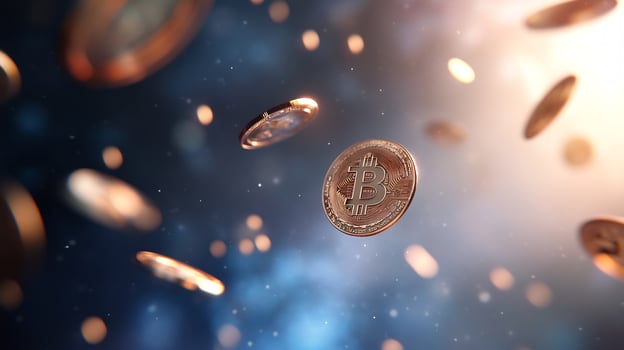 Bitcoin coins falling, glowing background, cryptocurrency investment photo