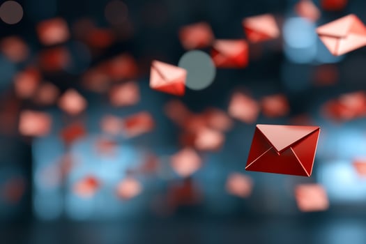 Red email icons floating, digital communication, dark background, website banner photo
