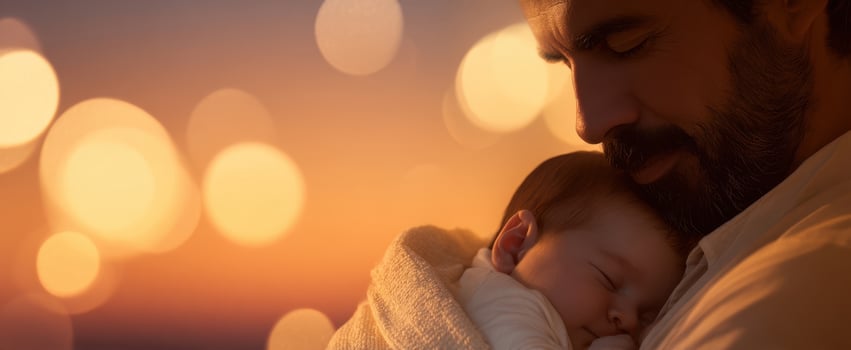 The father holding sleeping newborn close at sunset with warm bokeh lights photo