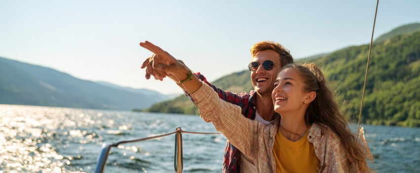 The couple on a boat pointing toward the horizon on a sunny mountain lake photo