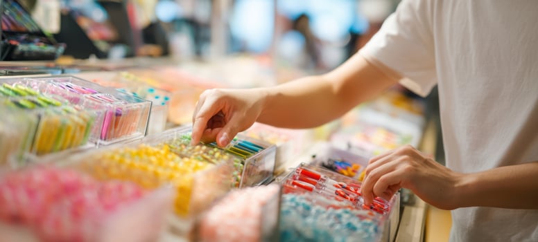 The candy display with a shopper selecting colorful sweets from clear plastic bins photo