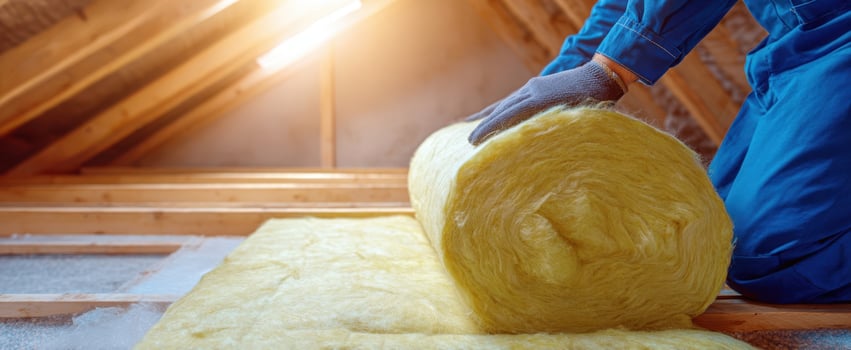The Fiberglass Insulation Roll Being Installed in a Sunlit Attic by Worker photo
