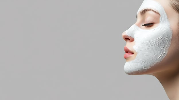 Woman, face mask, skincare, beauty, studio, calm, grey background, spa treatment photo