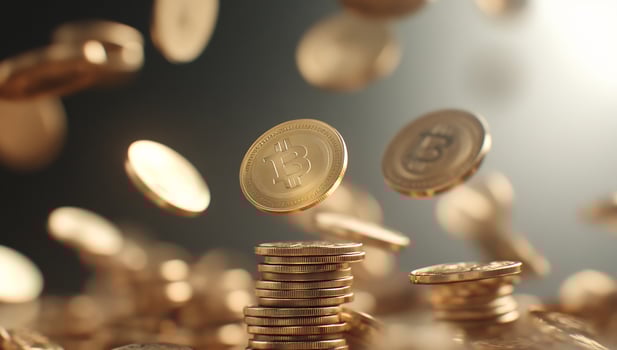 Bitcoin rain, stacks of coins, financial success, wealth photo