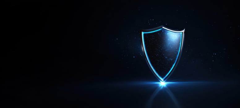 The Shield of Digital Protection Emitting Neon Blue Light on Dark Background photo