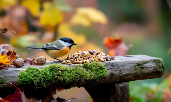 Bird feeding on seeds, autumn leaves background photo