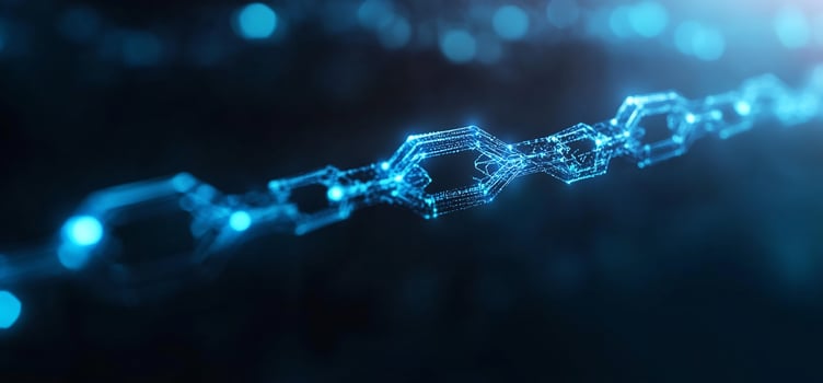 Abstract digital chain, glowing blue links, dark background, technology concept photo