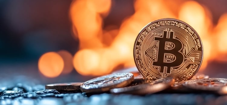 Bitcoin on fire background, crypto investment photo