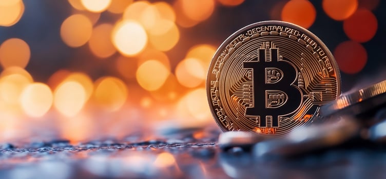 Bitcoin coin on dark surface, bokeh lights. Crypto finance photo