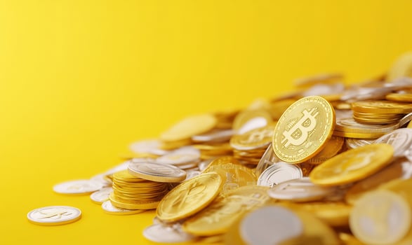 Bitcoin gold coins pile, yellow background, cryptocurrency wealth photo