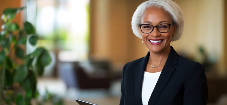 Confident businesswoman smiling, lobby background photo