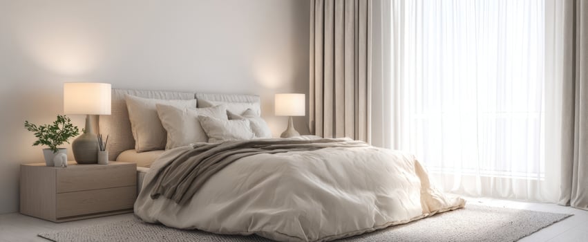 The Bed in a Minimal Neutral Bedroom with Soft Linens and Morning Sunlight photo
