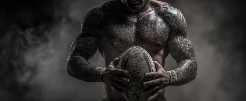 The Rugby Player Holding a Muddy Ball in Dramatic Smoky Light photo