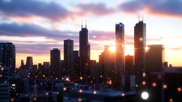 Sunset cityscape, network connection, futuristic buildings, urban development, website banner photo