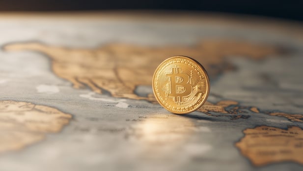 Bitcoin on world map global finance photo