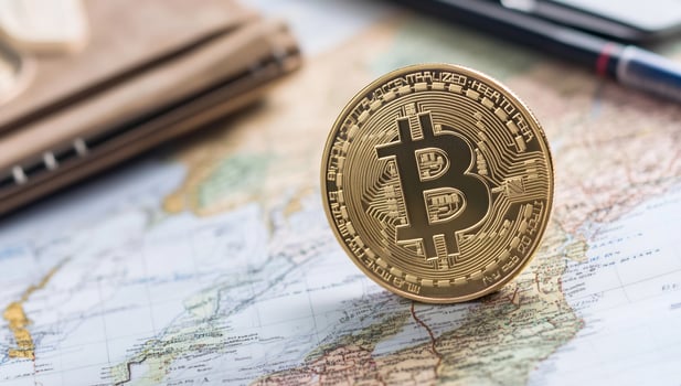 Bitcoin on world map, travel, finance, global investment photo