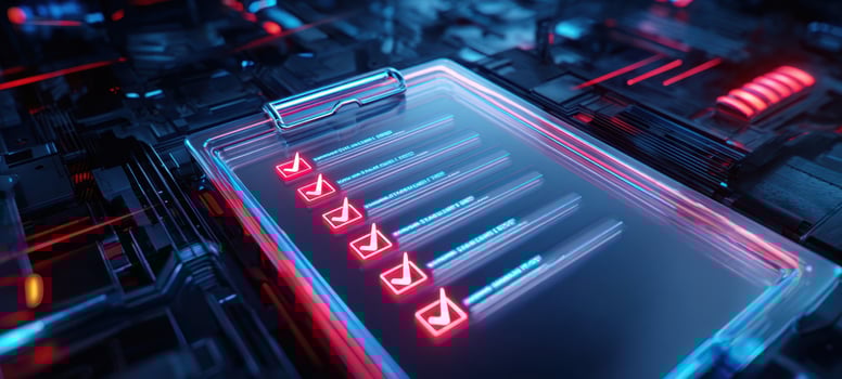 The Holographic Checklist Interface Floating Above a Glowing Futuristic Circuit Board photo