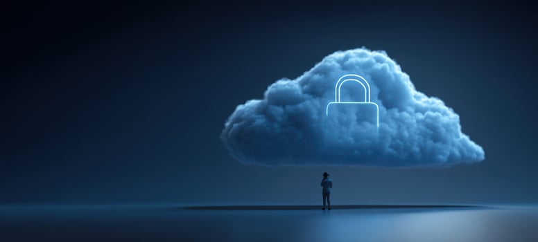 The cloud with glowing padlock symbol hovering above lone person on reflective floor photo