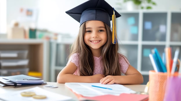Happy girl graduates, smiles at desk, classroom background, education success photo