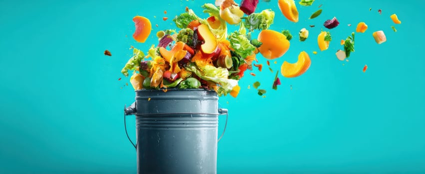 The bucket overflowing with vibrant fruits and vegetables exploding into the air photo