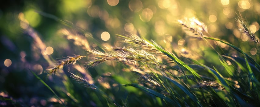 The Grasses Swaying in Golden Sunset Light with Soft Bokeh Background and Dew photo