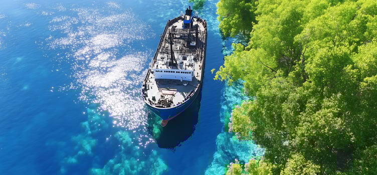Aerial view of a ship anchored near lush green trees by clear water photo