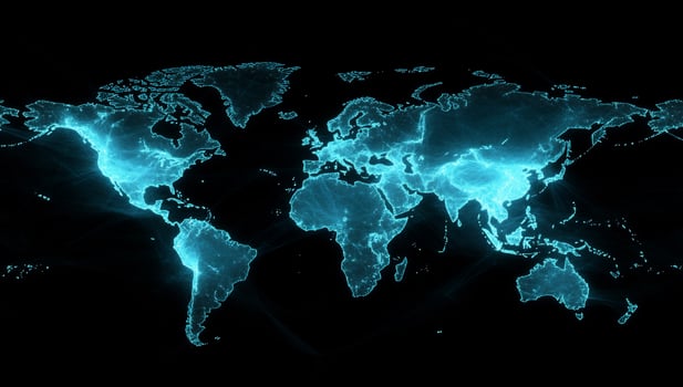 Global network connection, data flow, dark background, world map, technology photo