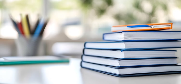 Books stacked on desk, office background photo