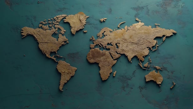Wooden world map on teal textured background. Global travel concept photo
