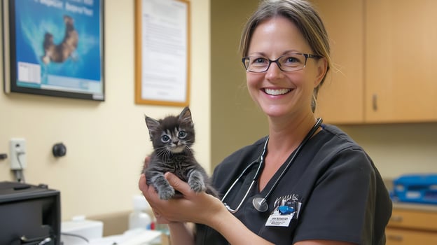 Veterinarian holding kitten, clinic background, pet care photo