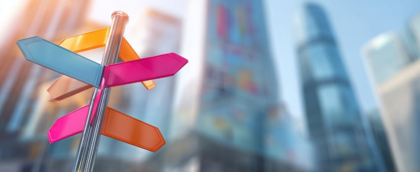 The signpost arrows pointing multiple directions against a blurred modern city skyline photo
