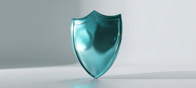 The Shield Shiny Teal Metallic 3D Emblem Representing Digital Security and Protection photo