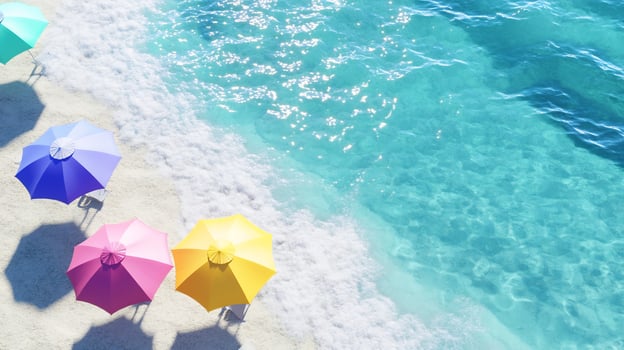 Colorful beach umbrellas, ocean waves, summer vacation photo