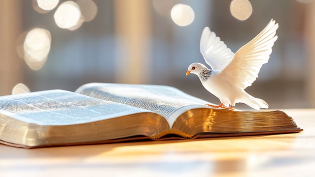 Dove landing on Bible hope, faith, peace sunlit background photo