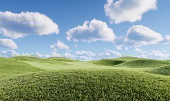 Sunny day, rolling green hills, blue sky, fluffy clouds idyllic landscape photo
